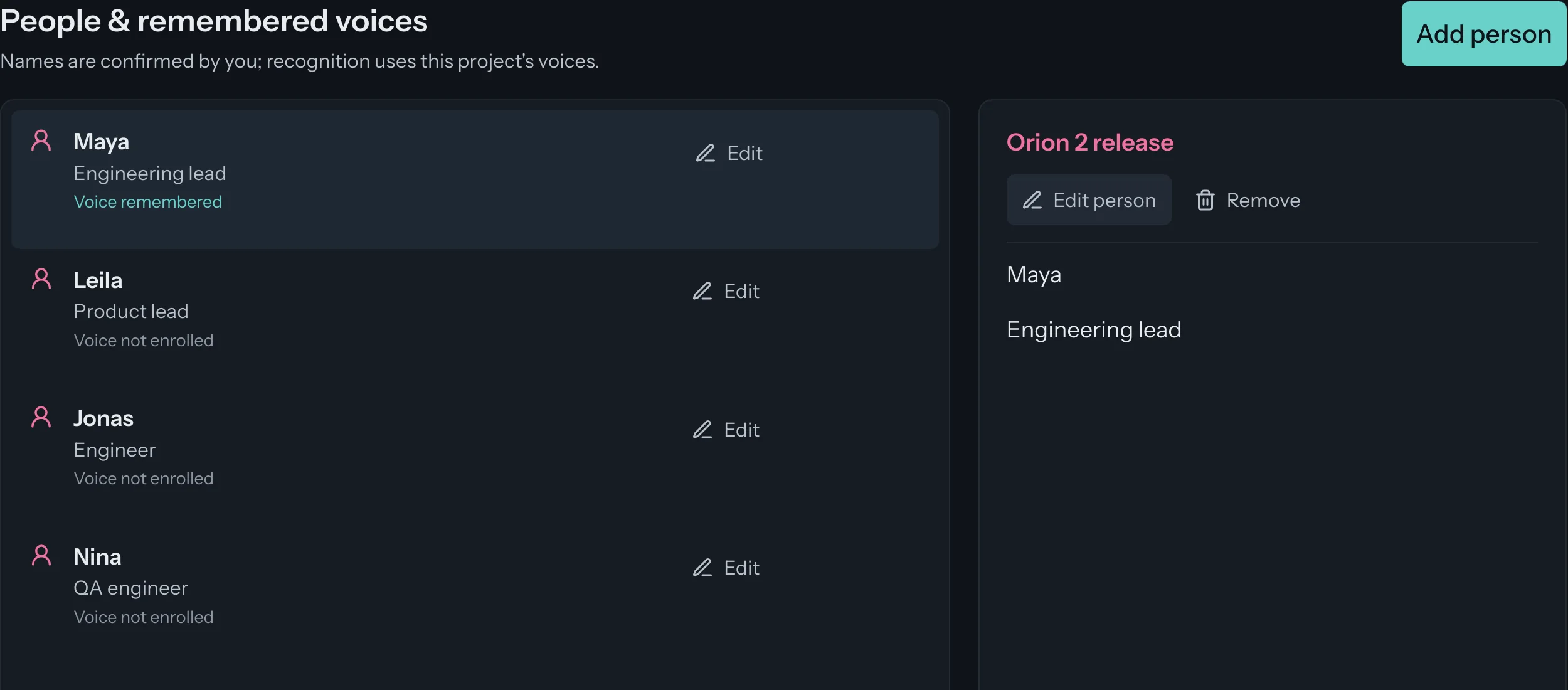 Maya's confirmed name and remembered voice in the Orion 2 project.