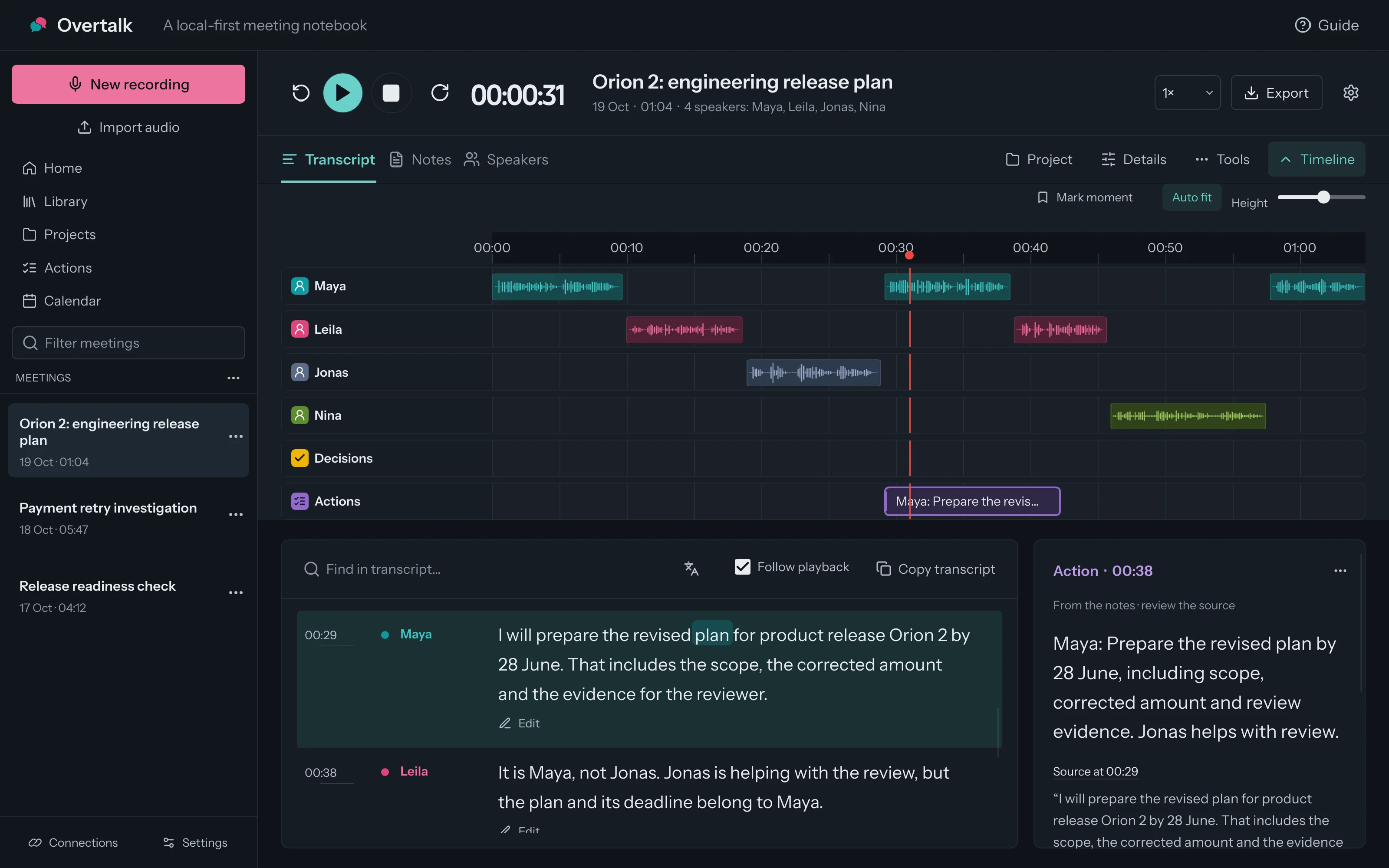 The Overtalk desktop app showing the Orion 2 release review: speaker lanes on a timeline, the transcript and the meeting notes.